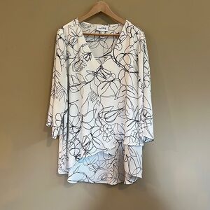 Joseph Ribkoff V Neck Blouse Flutter Sleeve Asymmetrical Layer Front Floral